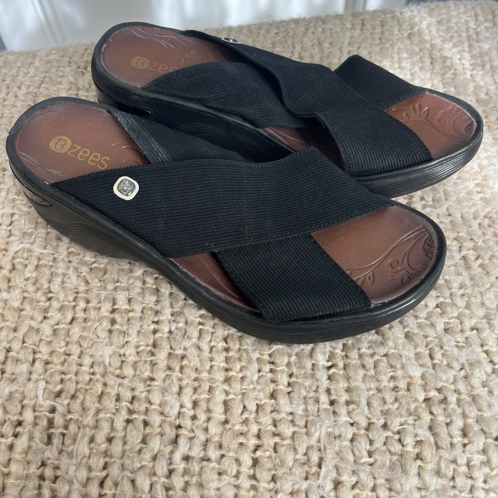 BZEES Womens Comfort Desire Peep Toe Elastic Strap Wedge Sandals Shoes Sz‎ 7 M